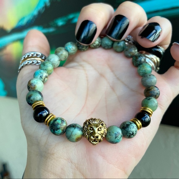 Silverskylight Other - Lion bead bracelet . African turquoise & onyx gemstones, gold color lion charm
